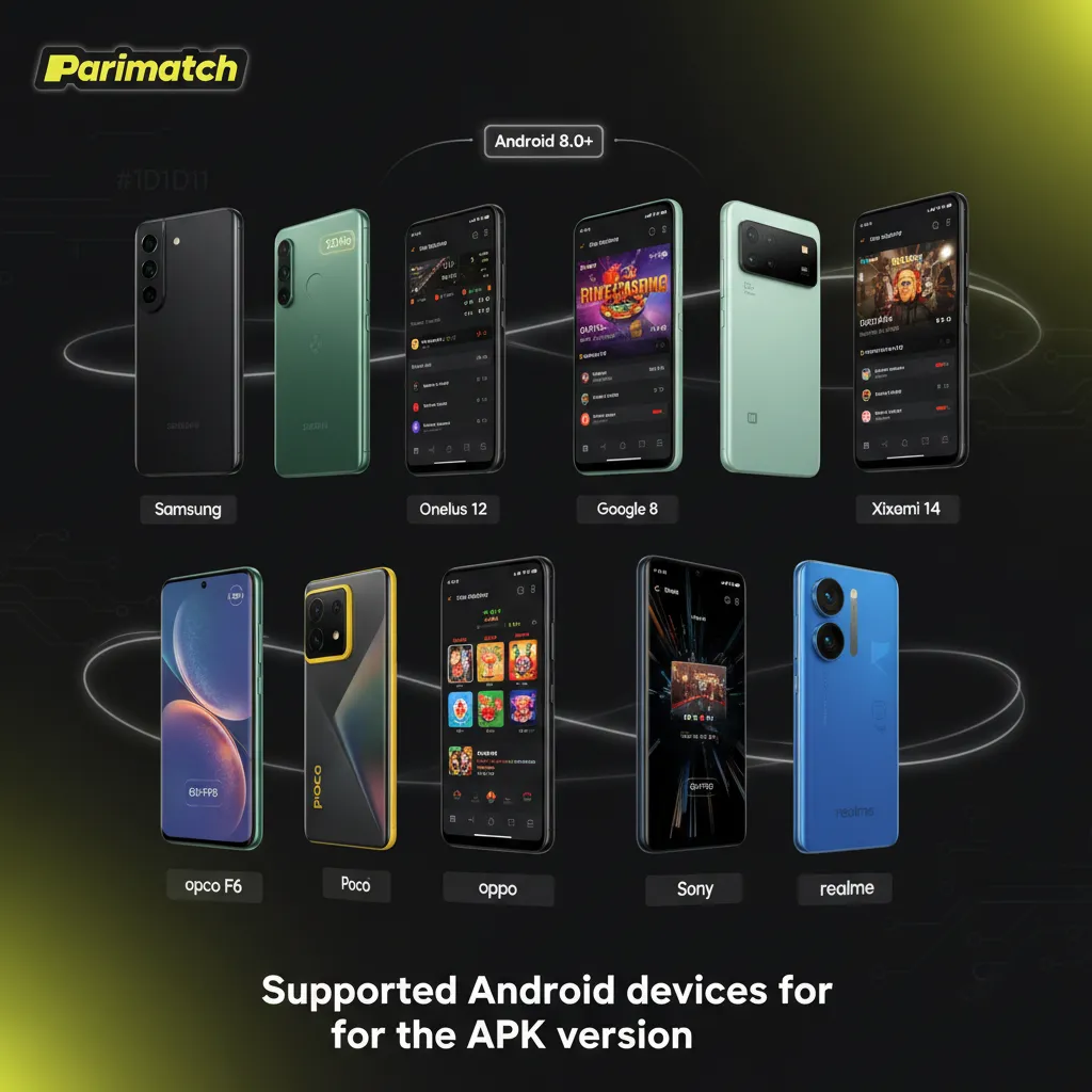 Table of supported Android devices for the APK: Samsung, Sony, Huawei, OnePlus, Oppo, Pixel, Xiaomi, Poco; Android 8.0+.