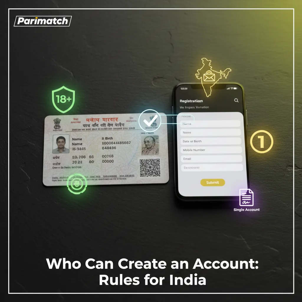 India account rules: 18+, state-legal, real KYC data, Indian phone/email, one account, accept Terms & responsible gambling.